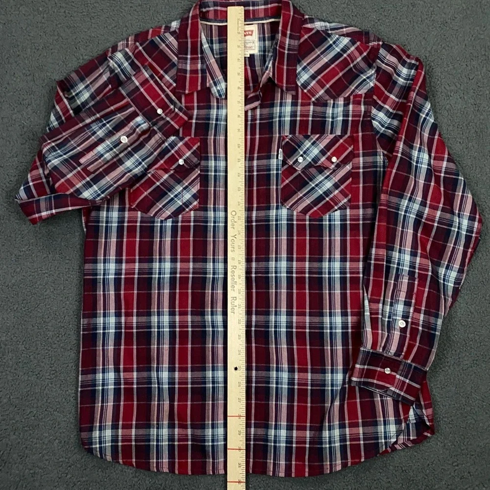 Levis Shirt Mens XL Plaid Western Pearl Snap Light Weight Saw Tooth Pocket Red